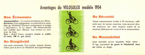 Avantages du  Velosolex modèle 1954 