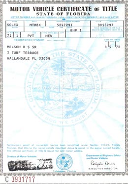 Motor Vehicule Certificate of title Solex State of Florida